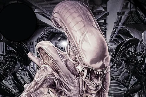 Pale Subject Seven Xenomorph with a translucent dome, flanked by two dark drones in a station corridor