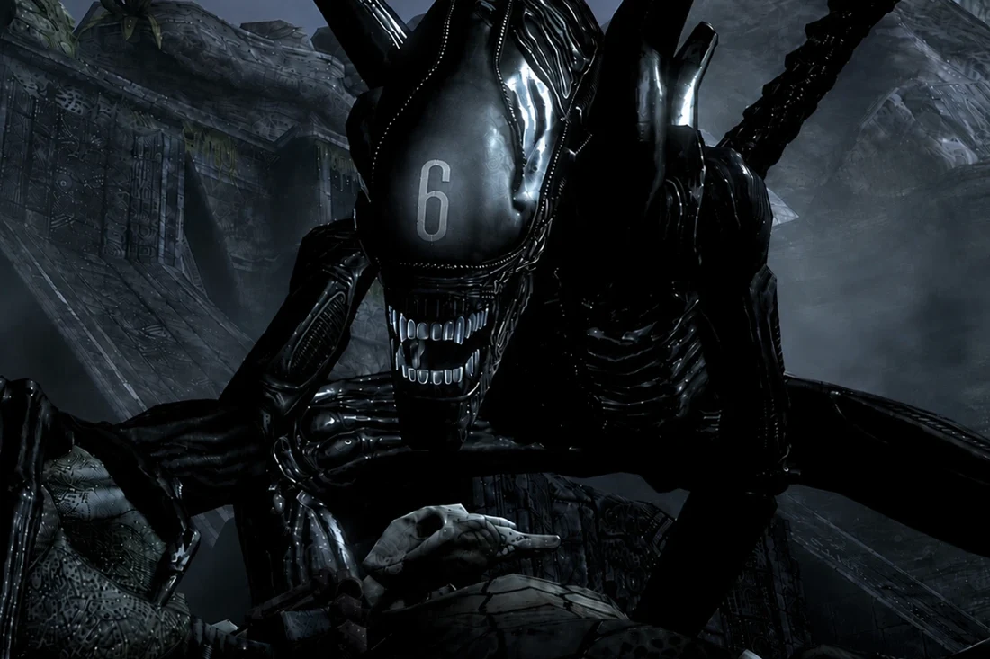 Specimen 6 from Aliens vs. Predator 2010, with a white 6 branded on its dome