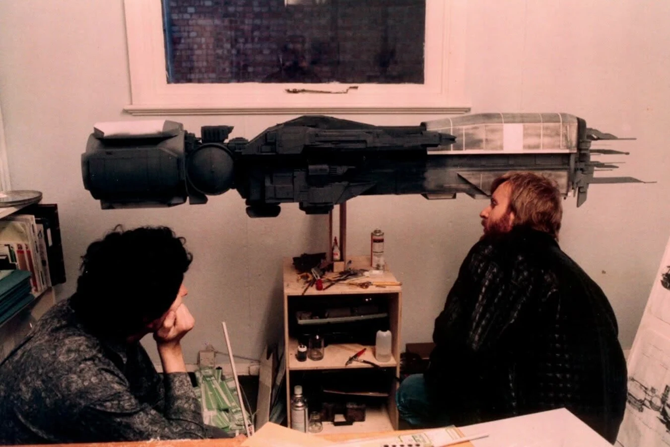 Behind the scenes photo of the USS Sulaco miniature model from Aliens