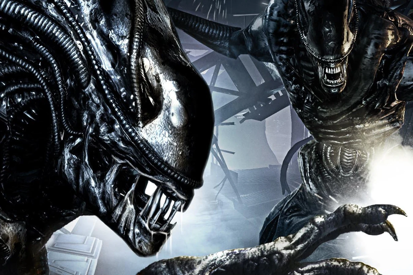 Two Xenomorphs advancing through wrecked industrial space during the Rage invasion