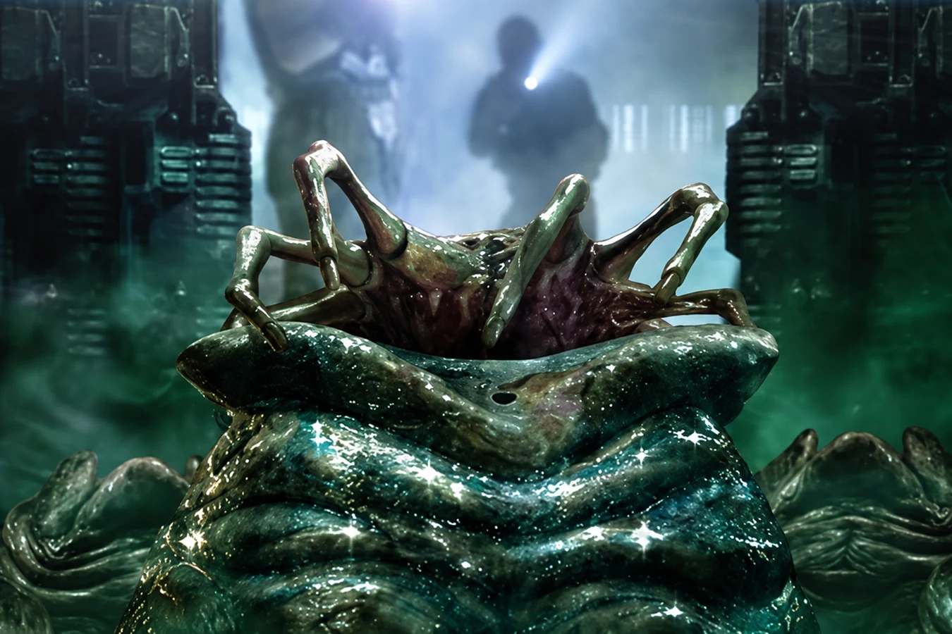 Facehugger emerging from a Xenomorph Egg in Aliens: Cauldron cover art