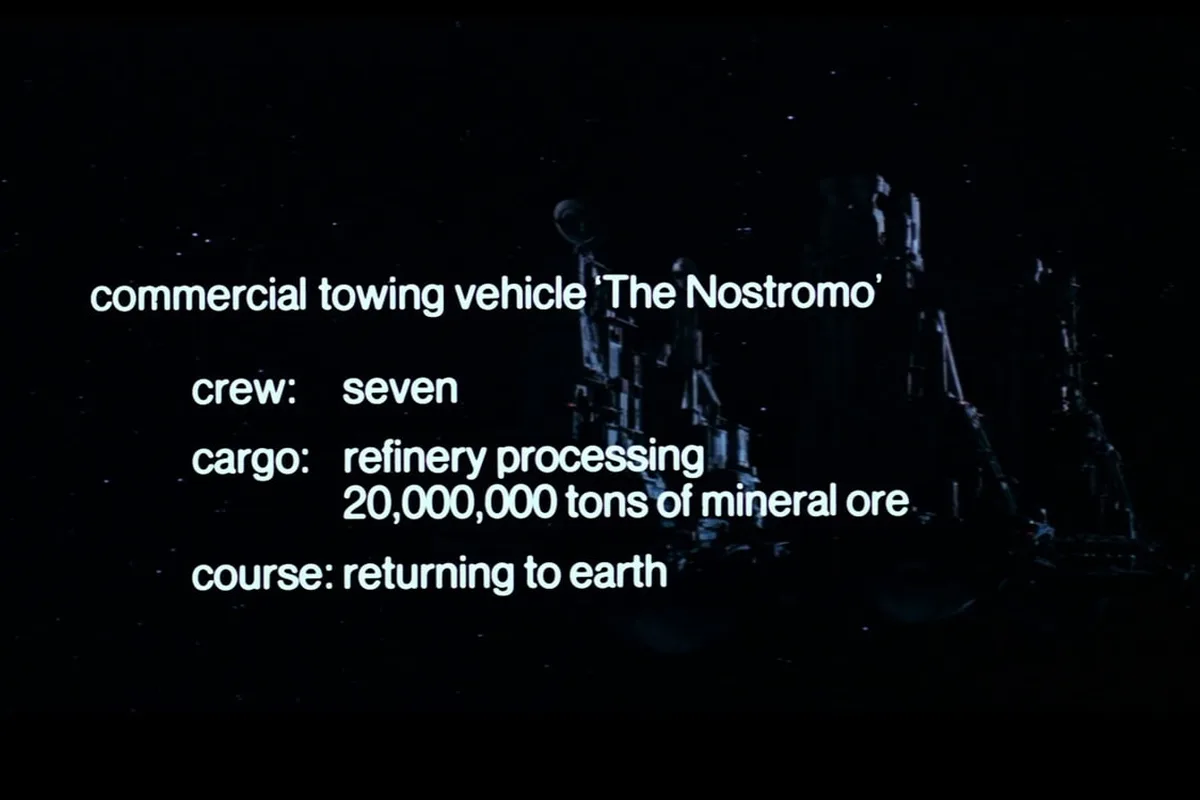Opening card of the USCSS Nostromo from Alien, with the ship's specifications in white letters