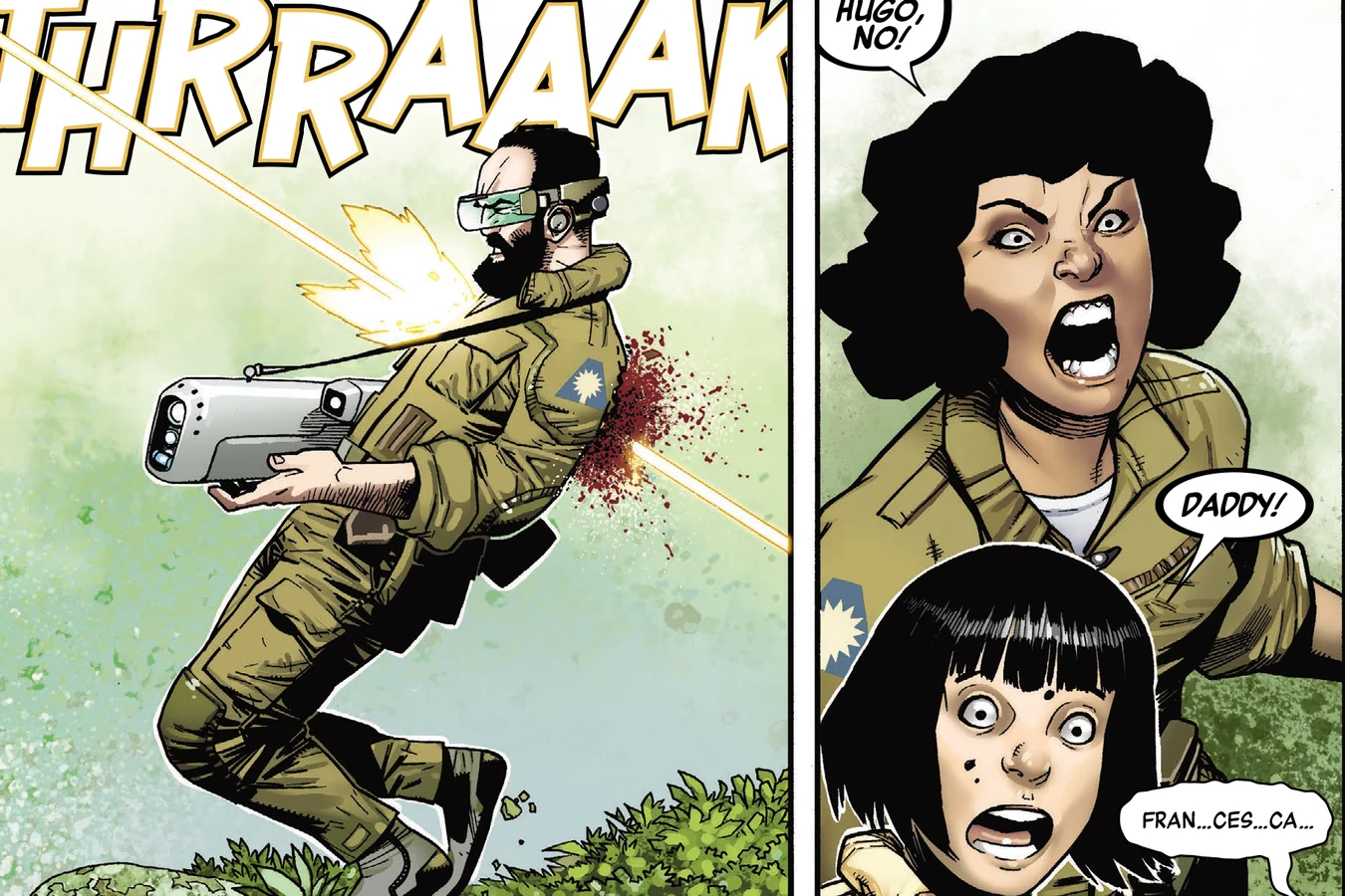 A Predator's plasma bolt strikes Hugo Berwick as Francesca and young Theta scream on Damara in Predator: Day of the Hunter