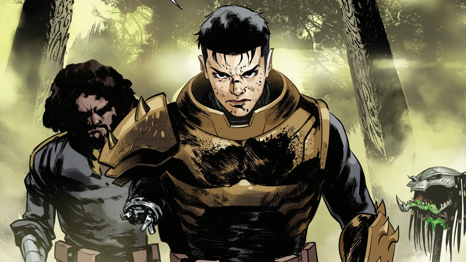 Theta Berwick in gold Predator armor with Paolo Silva in Marvel's Predator comics