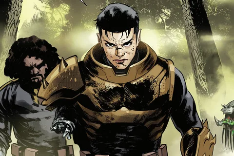 Theta Berwick in gold Predator armor with Paolo Silva in Marvel's Predator comics