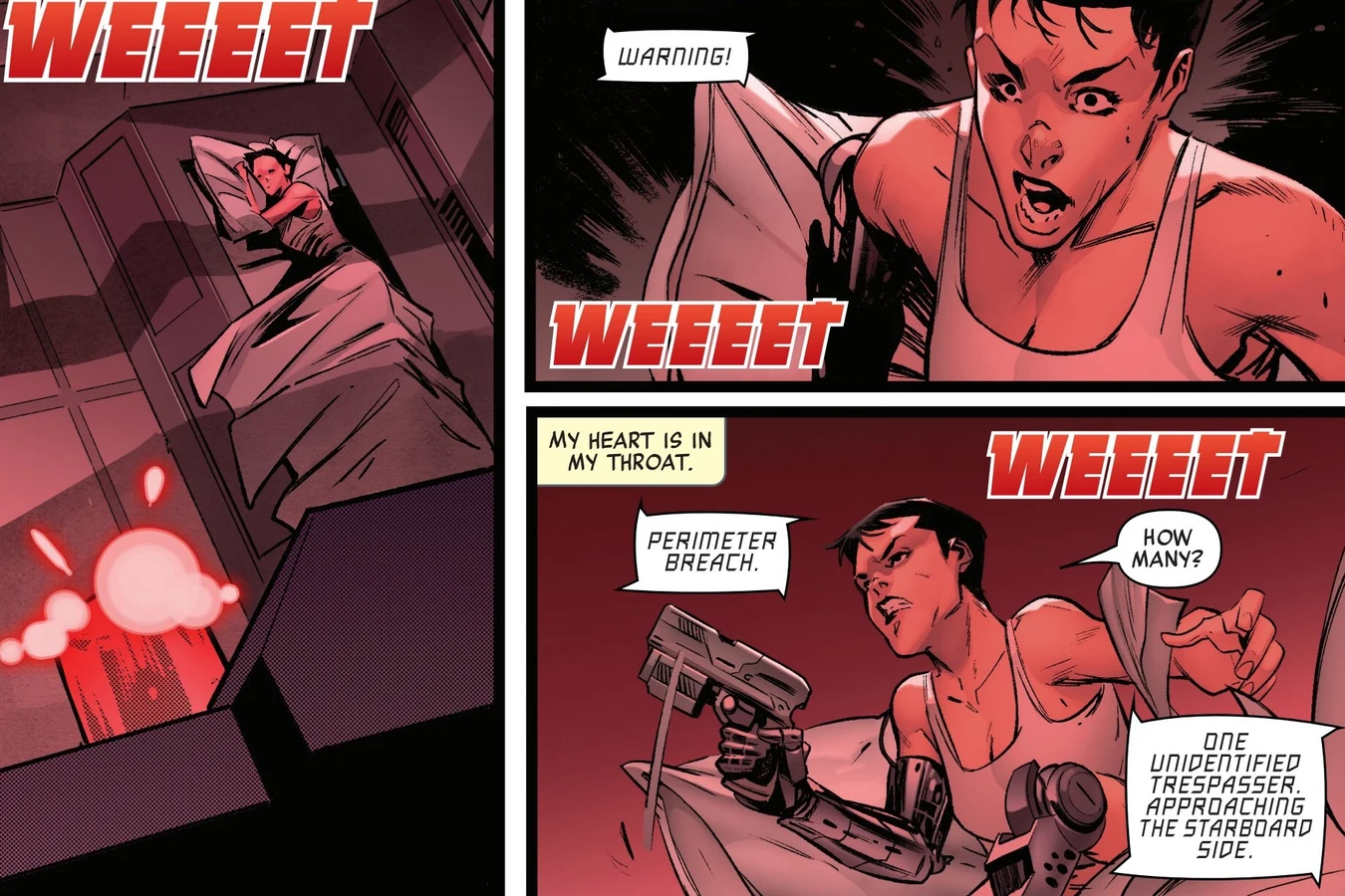 Theta Berwick waking to a perimeter alarm aboard her ship on Mabou and raising her gun arm in Predator: The Last Hunt #1