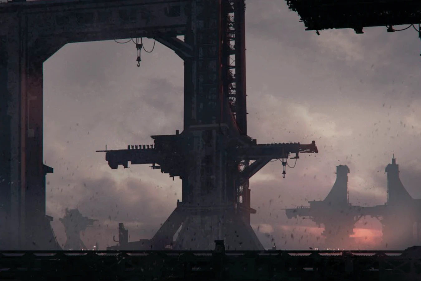 Gantries and cranes in the fog of an Outer Veil industrial colony