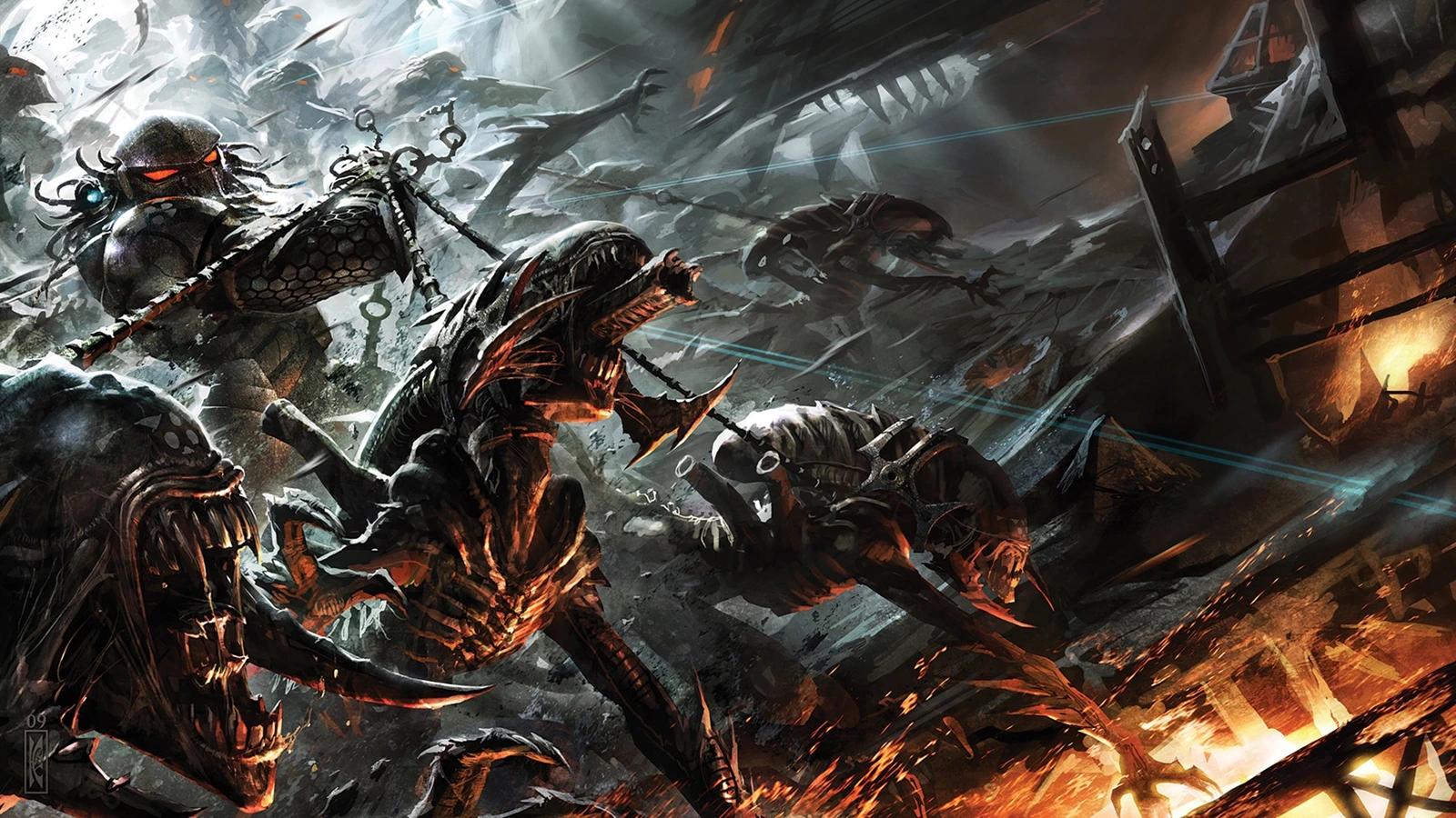 A Hunter with a spear fights tusked Xenomorphs in a burning ruin during the Three World War