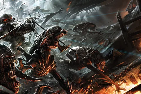 A Hunter with a spear fights tusked Xenomorphs in a burning ruin during the Three World War