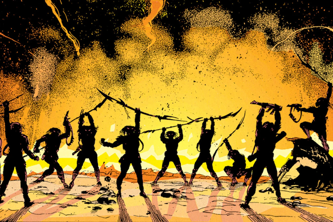 Silhouetted young Yautja raising their weapons in triumph against an orange explosion after the ship crash