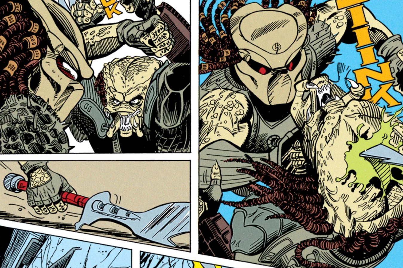 Dachande driving a blade through Tichinde's head in a spray of green blood