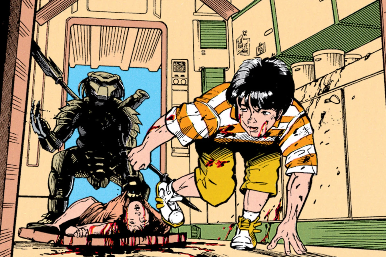 Bobby Sheldon fleeing bloodied in a striped shirt as a spear-carrying Yautja stands in the doorway over his dead mother