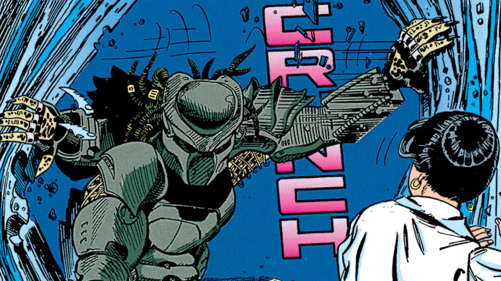 Tichinde bursting through a blue wall with pink CRUNCH lettering in Aliens vs. Predator