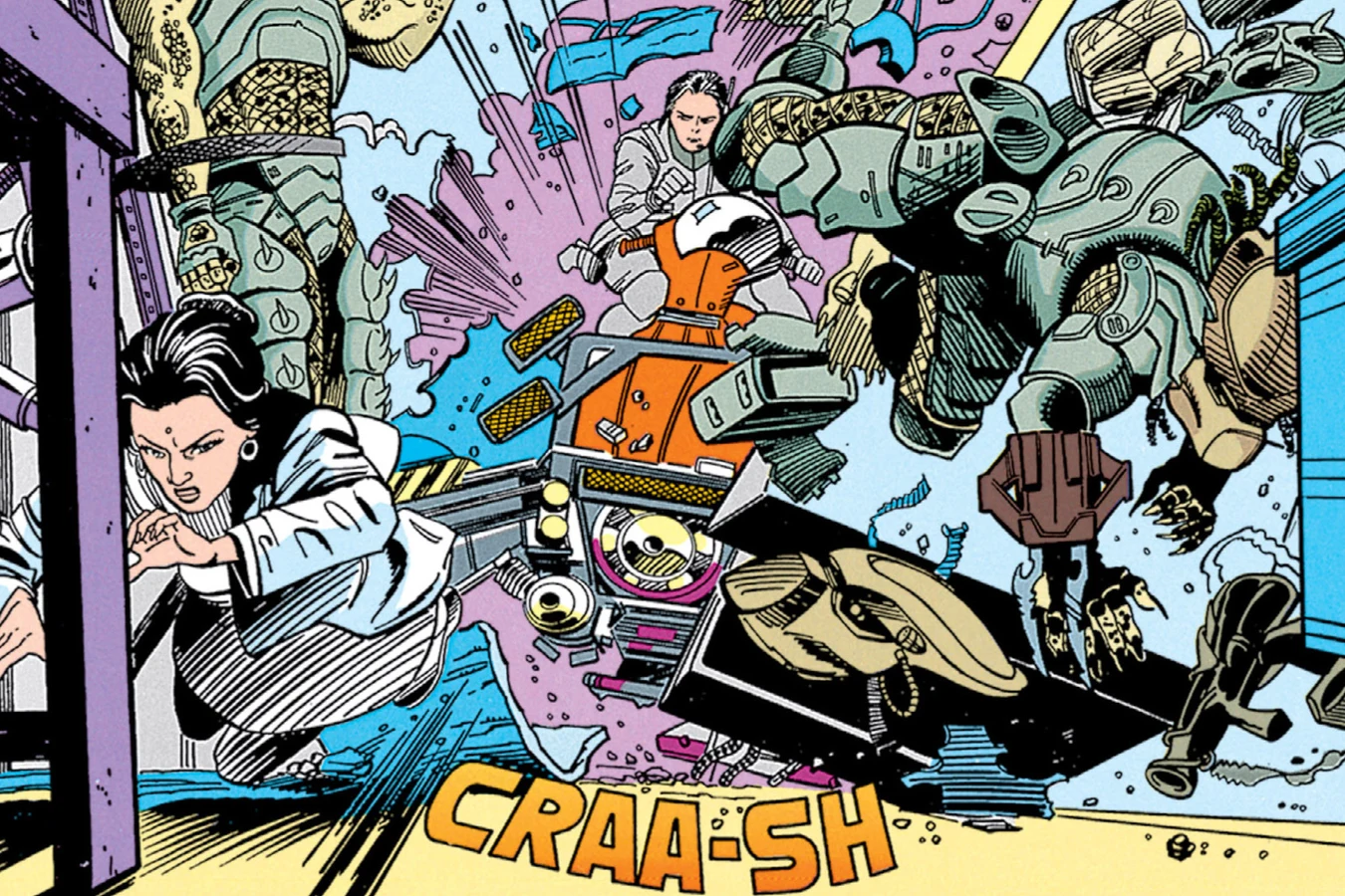Machiko Noguchi diving for cover as a hover bike smashes into the lab between Dachande and Tichinde