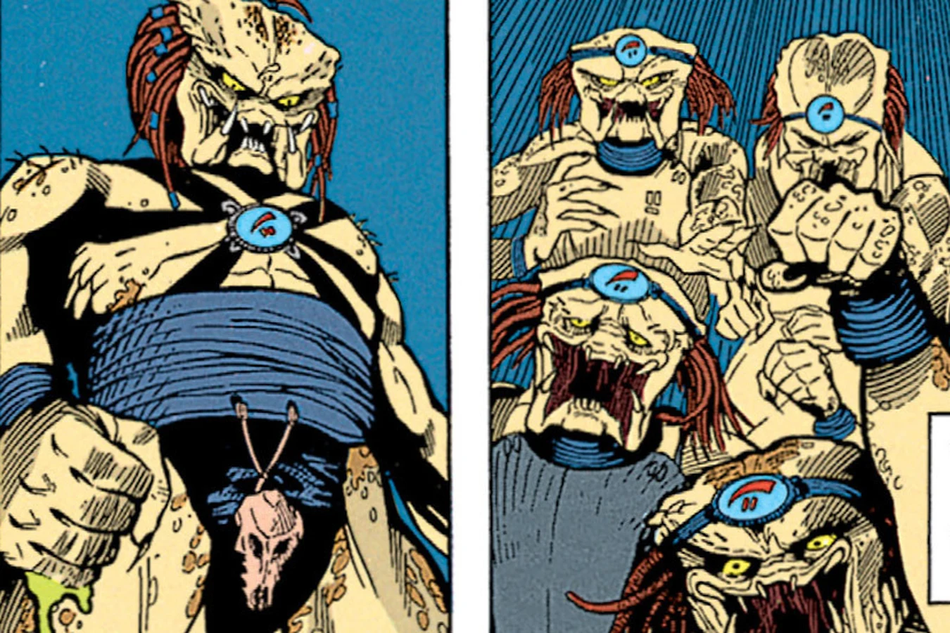 Unmasked Tichinde standing among young Yautja on the hunting ship before the Ryushi drop