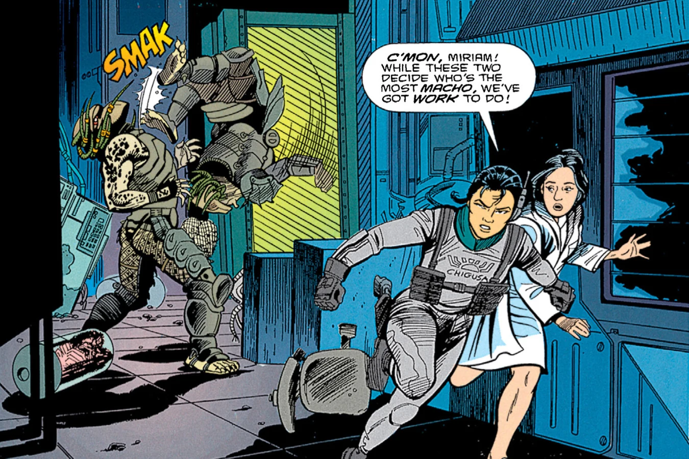 Dachande and Tichinde trading a mid-air kick as Machiko Noguchi and Miriam Revna run from the fight