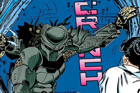 Tichinde bursting through a blue wall with pink CRUNCH lettering in Aliens vs. Predator