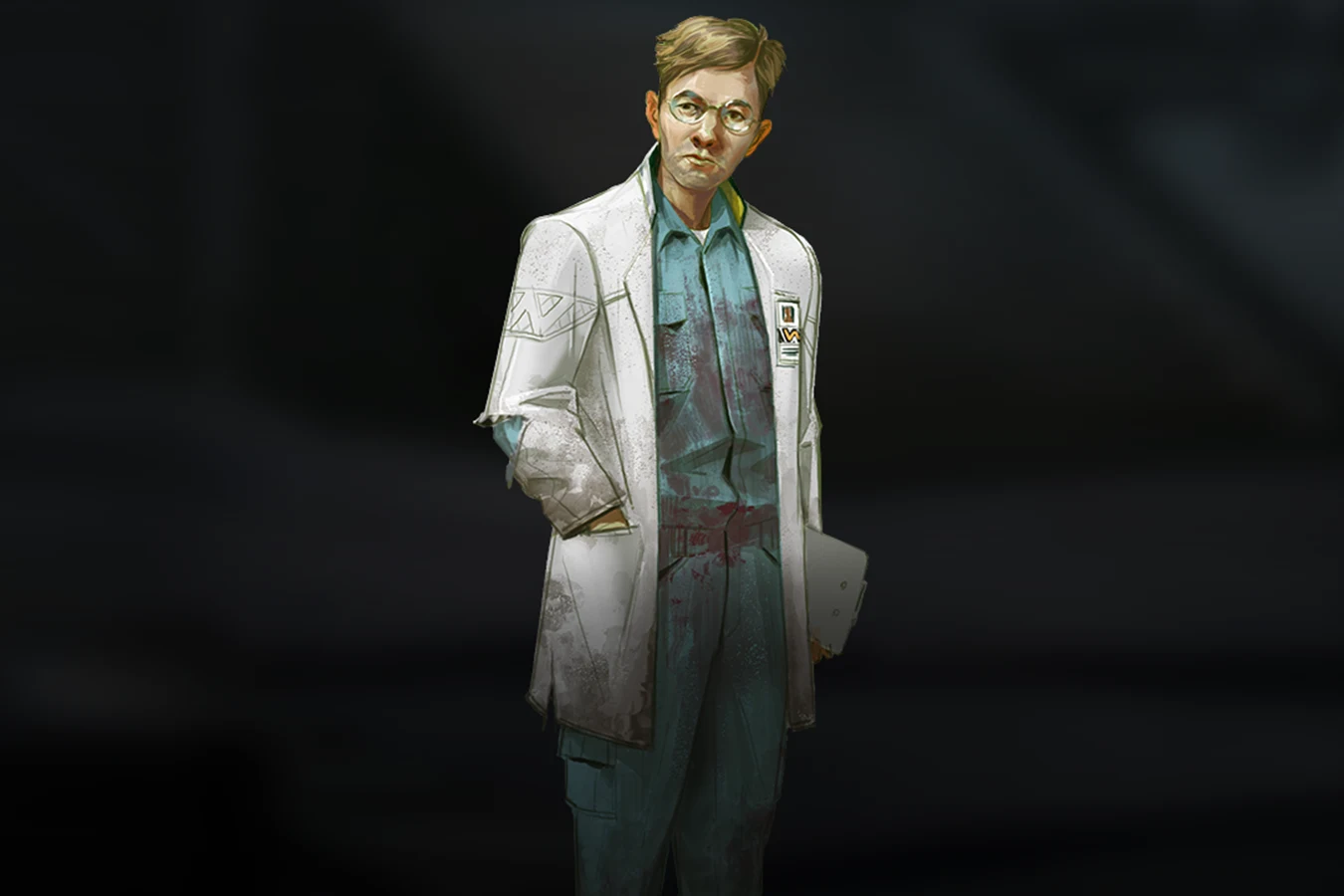 Cold Iron concept art of Timothy Hoenikker in a bloodstained Weyland-Yutani lab coat