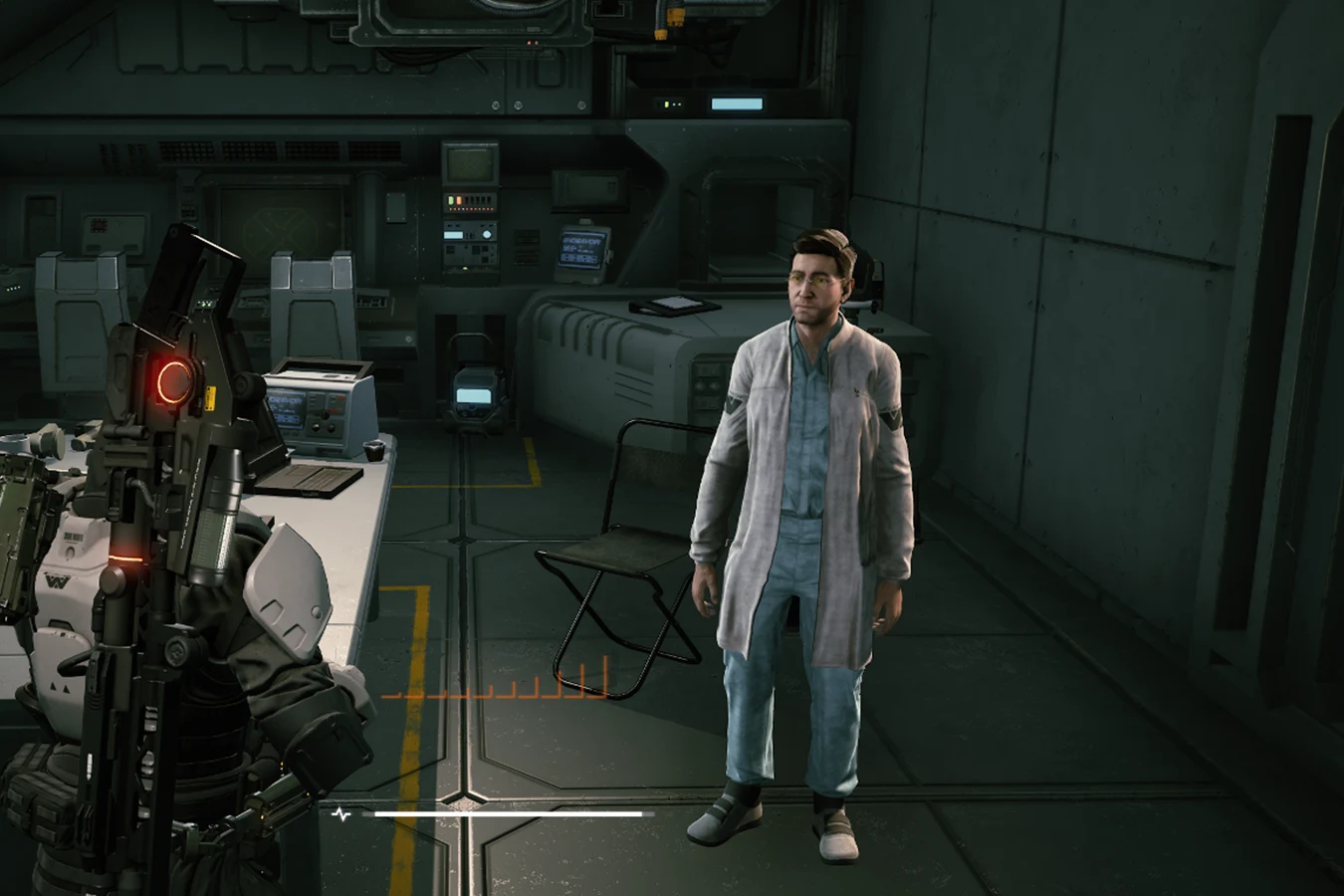 Dr. Timothy Hoenikker in a lab coat aboard the UAS Endeavor in Aliens: Fireteam Elite
