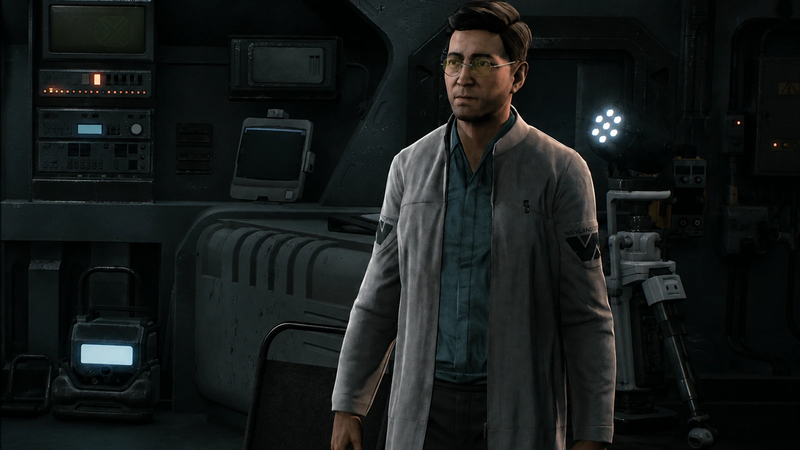Dr. Timothy Hoenikker in a Weyland-Yutani lab coat aboard the UAS Endeavor