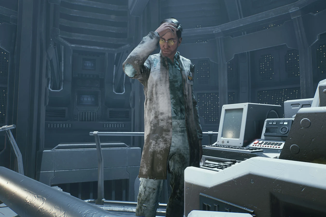 Dr. Timothy Hoenikker at a Katanga control console in a stained Weyland-Yutani lab coat in Aliens: Fireteam Elite