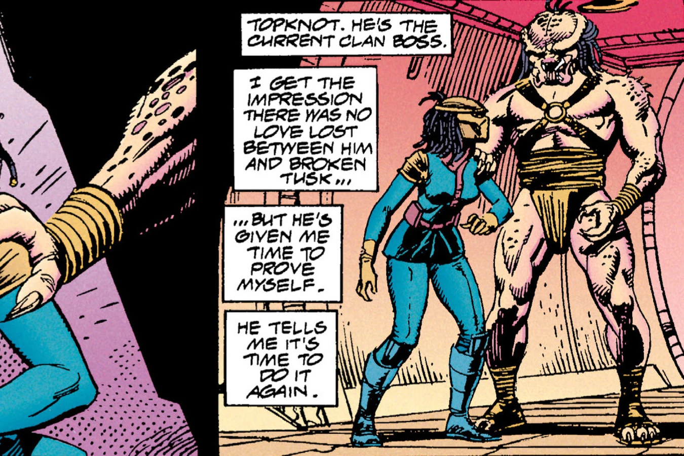 Machiko Noguchi stands beside Top-Knot, the clan boss, aboard his ship in the Aliens vs. Predator: War comic