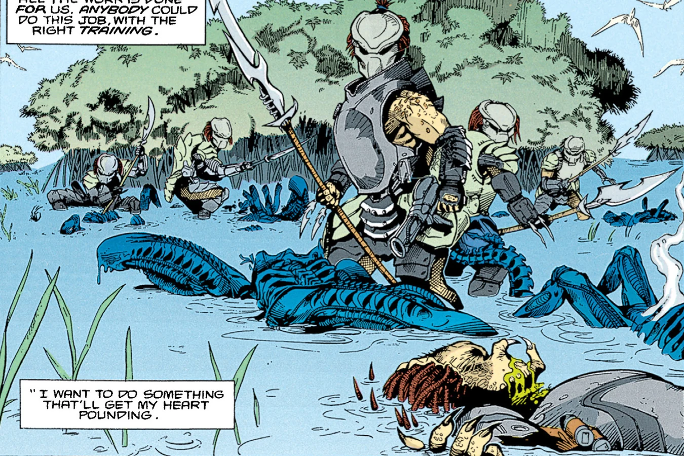 Top-Knot's pack hunts Xenomorphs on the unnamed marsh in the Aliens vs. Predator issue #0 prologue