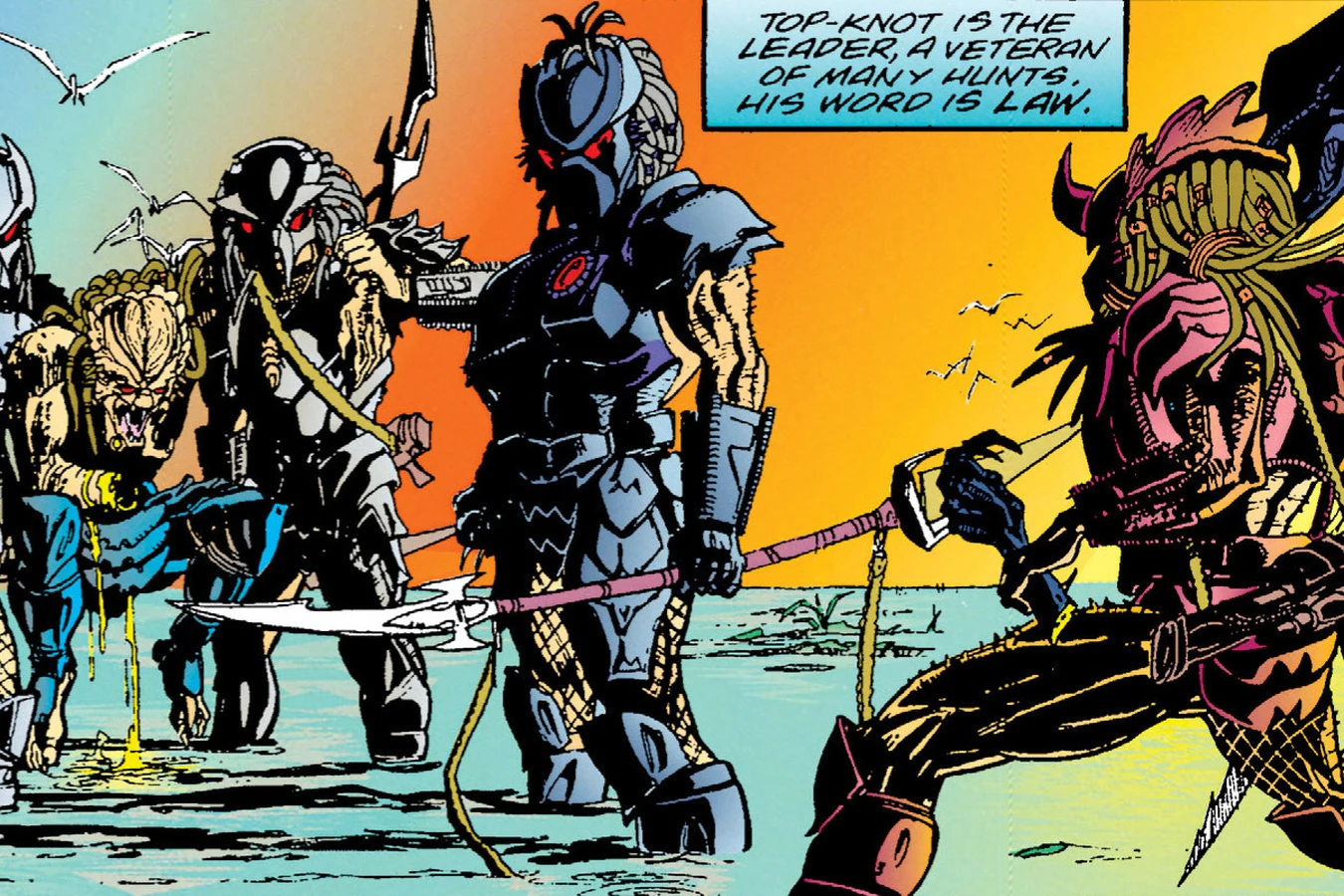 Two-Stripes facing Top-Knot as hunters bring wounded Light-Stepper forward after the false Xenomorph kill claim