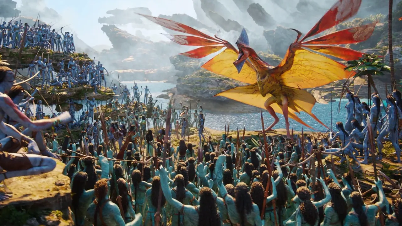 Jake Sully as Toruk Makto riding the great leonopteryx above Pandora