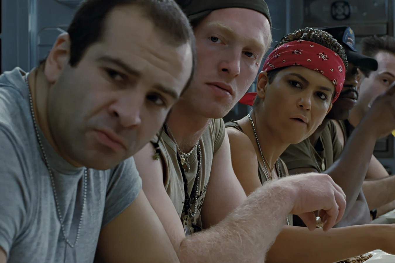 Trevor Wierzbowski at the Sulaco mess table with Drake, Vasquez, Frost, and Hicks in Aliens