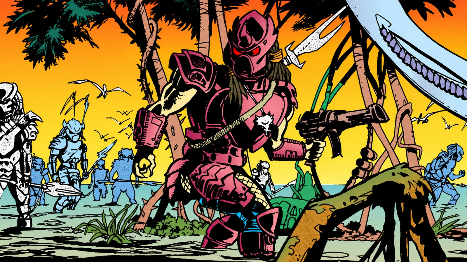 Two-Stripes in magenta armor wading the marsh with other young hunters in Aliens vs. Predator: Blood Time