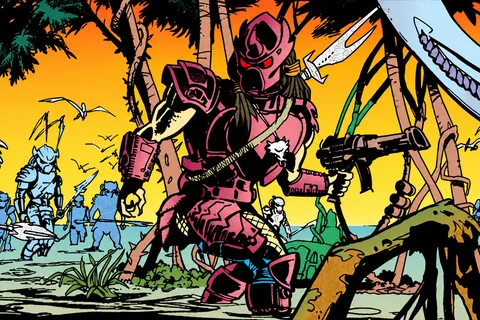 Two-Stripes in magenta armor wading the marsh with other young hunters in Aliens vs. Predator: Blood Time