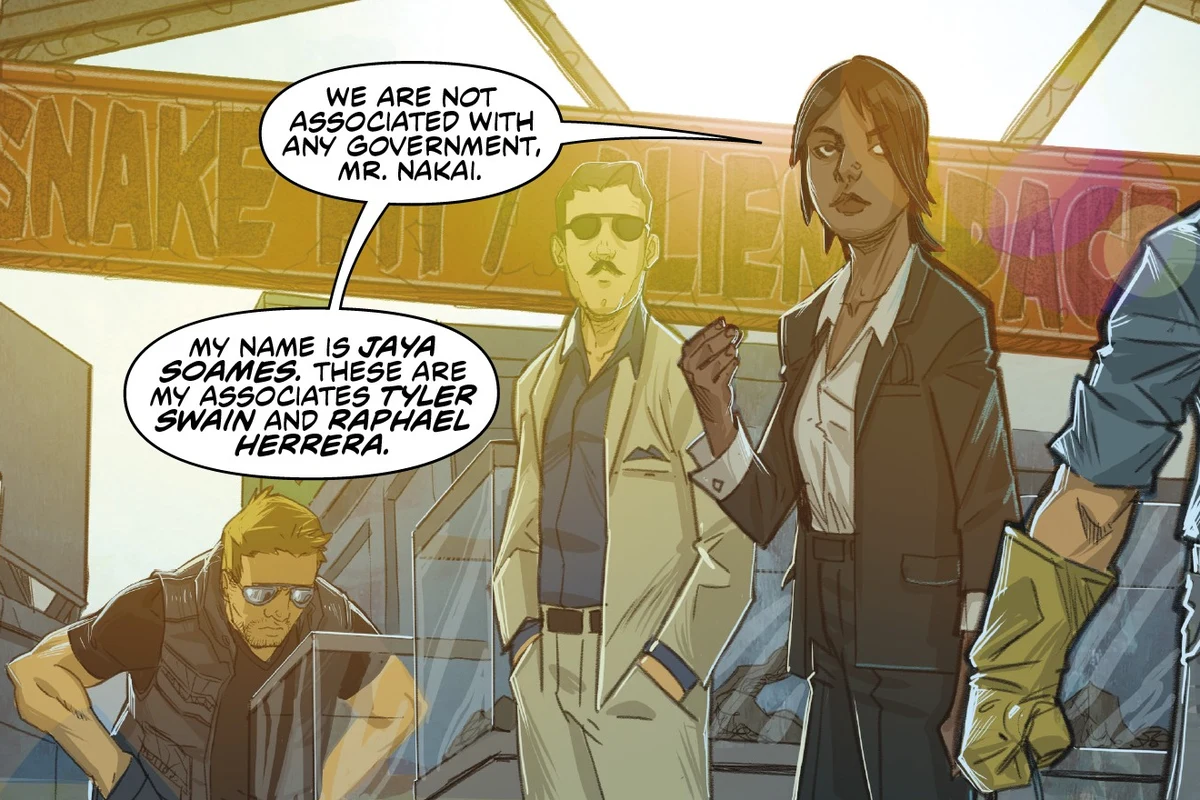 Tyler Swain waits at the Snake Pit gas station with Jaya Soames and Raphael Herrera in Predator: Hunters