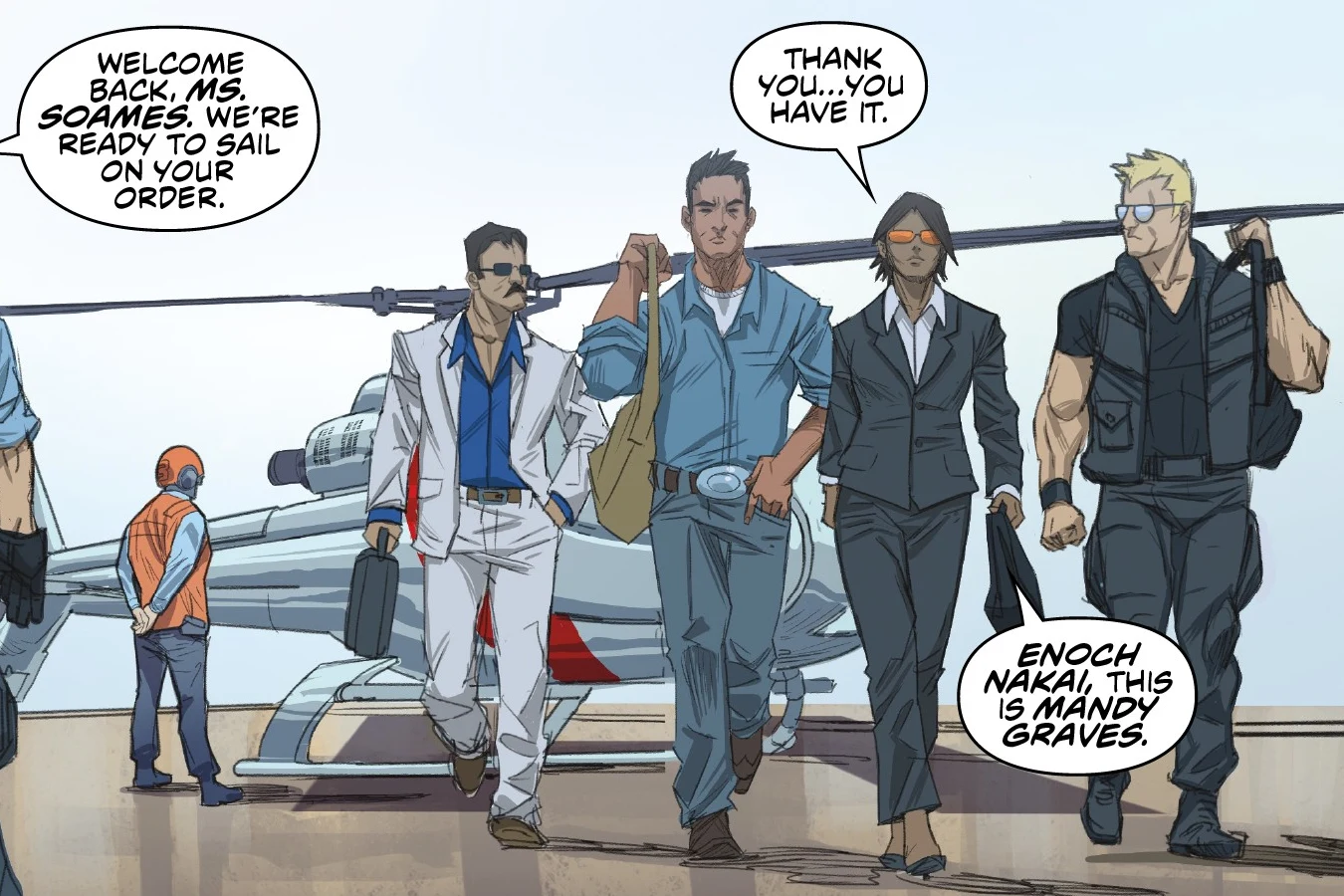 Tyler Swain walks across the deck of the Durga with Jaya Soames, Enoch Nakai and Raphael Herrera in Predator: Hunters