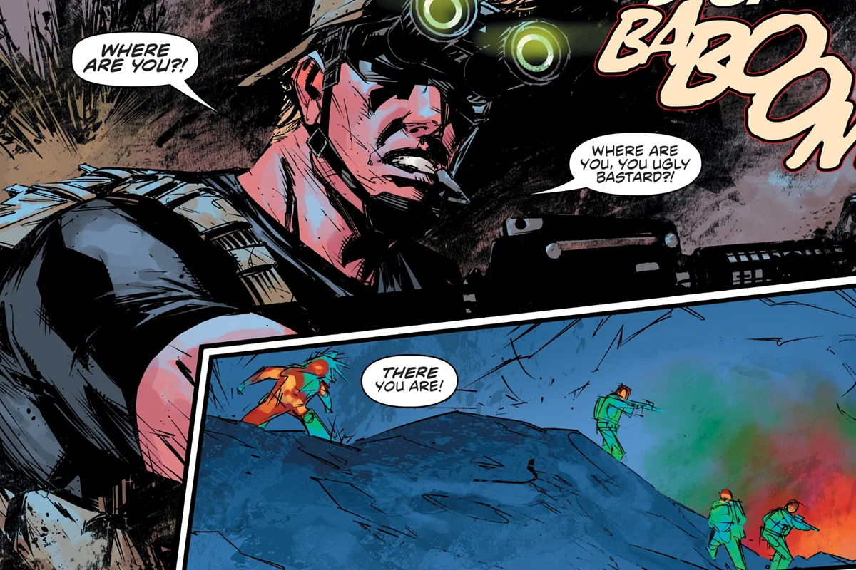 Tyler Swain shouts at the hidden Djinn through night-vision goggles as the hunt closes in during the night in Predator: Hunters II