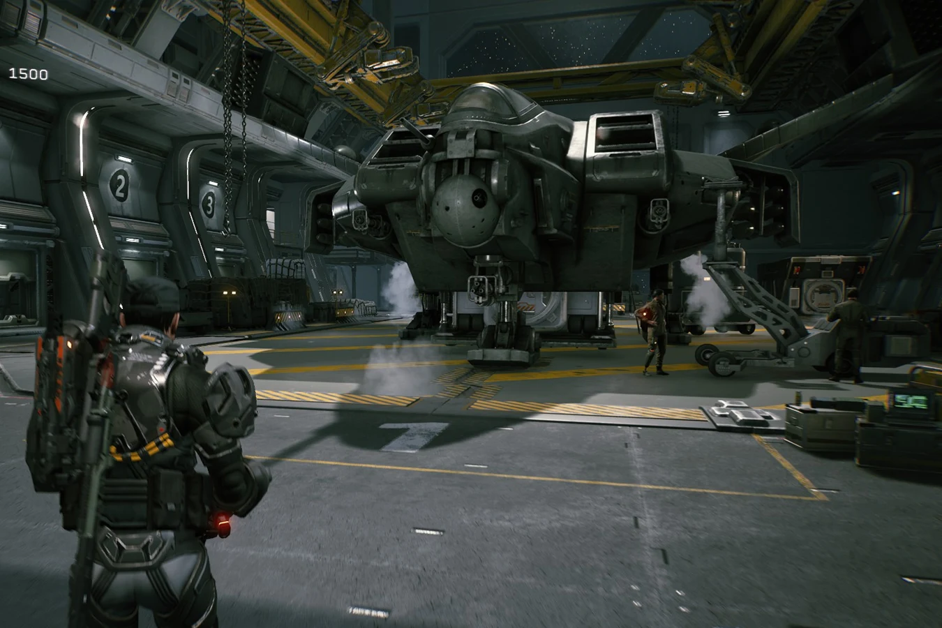 The hangar deck of the UAS Endeavor in Aliens: Fireteam Elite