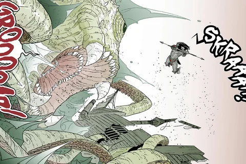 A Predator fights a sea monster in Predator: Black, White & Blood