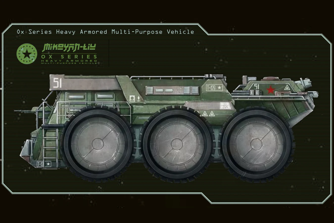 Mikoyan-Liu Ox Series heavy armored vehicle, hull number 51, a green six-wheeled truck with a red star on the rear turret