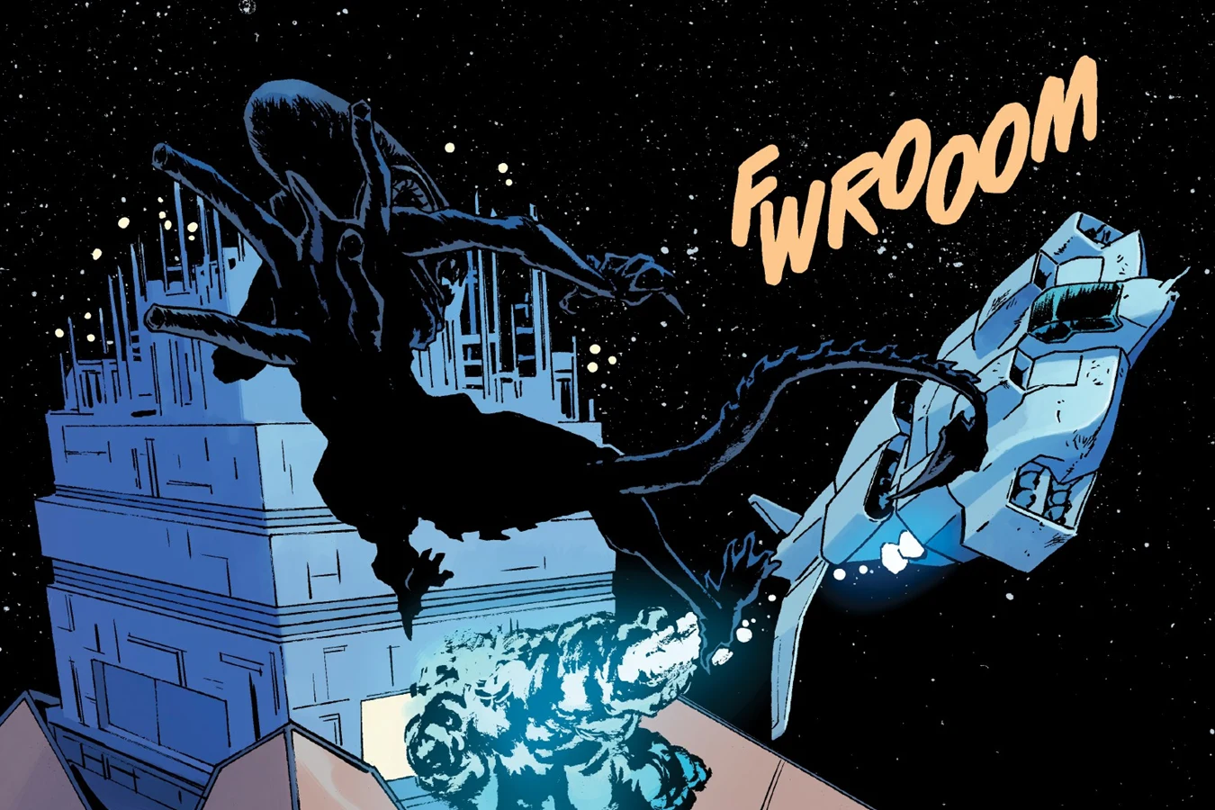 A Xenomorph on the hull of Rodina Station as a dropship fires in William Gibson's Alien 3 comic