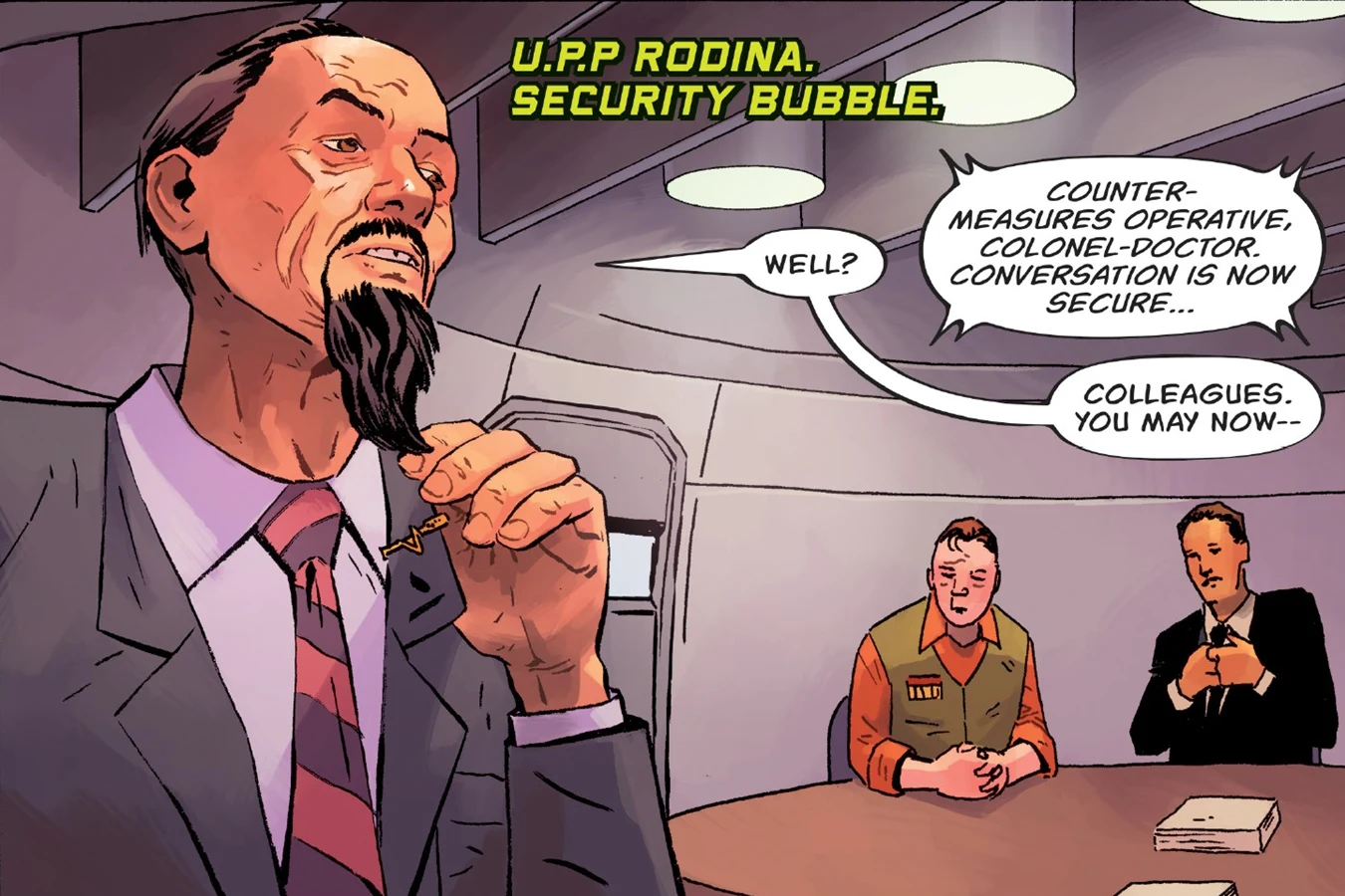 A UPP official in the Rodina security bubble, holding a small device, with two men at the table