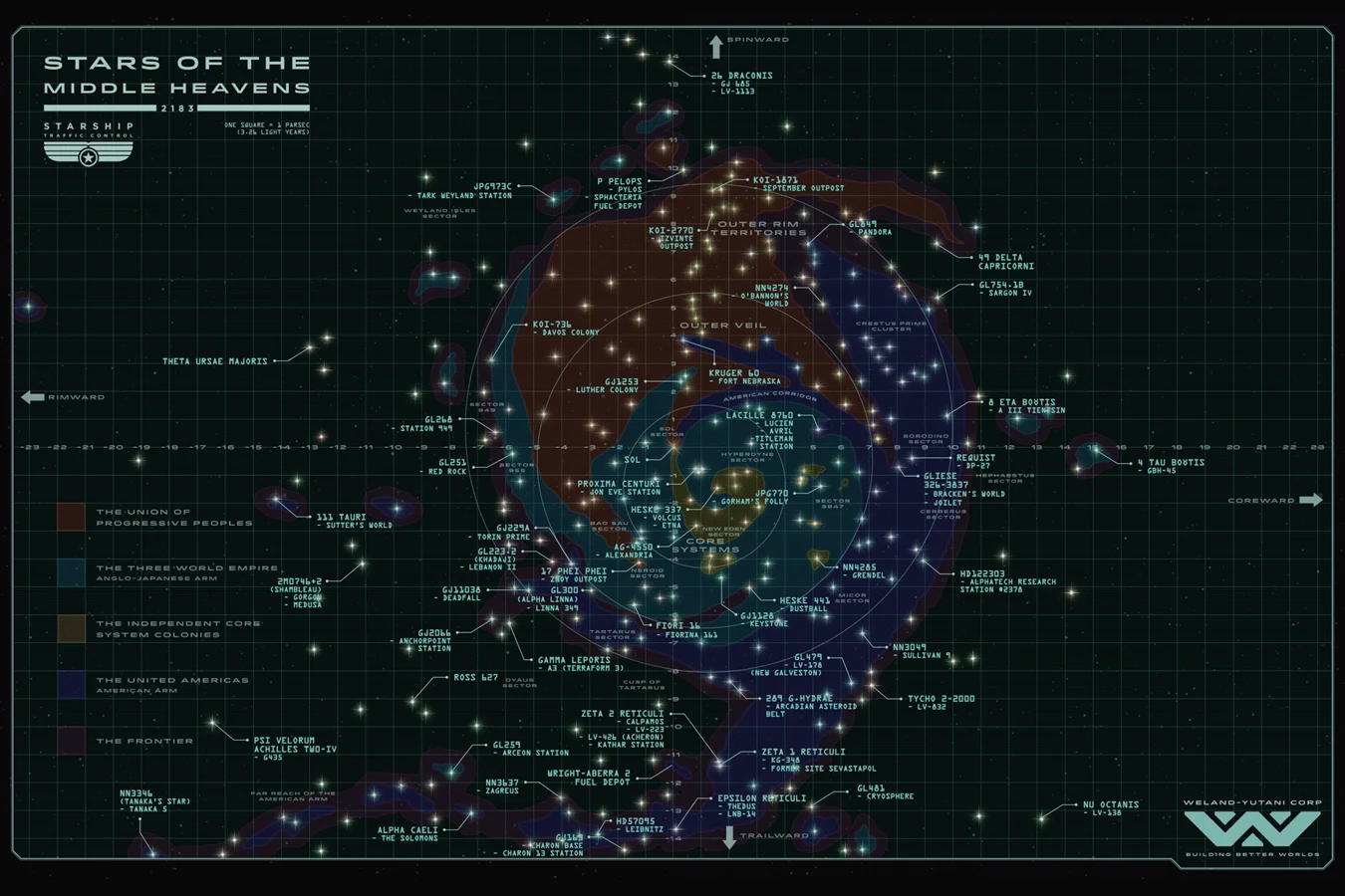 Stars of the Middle Heavens star map for 2183, with the United Americas American Arm marked in blue