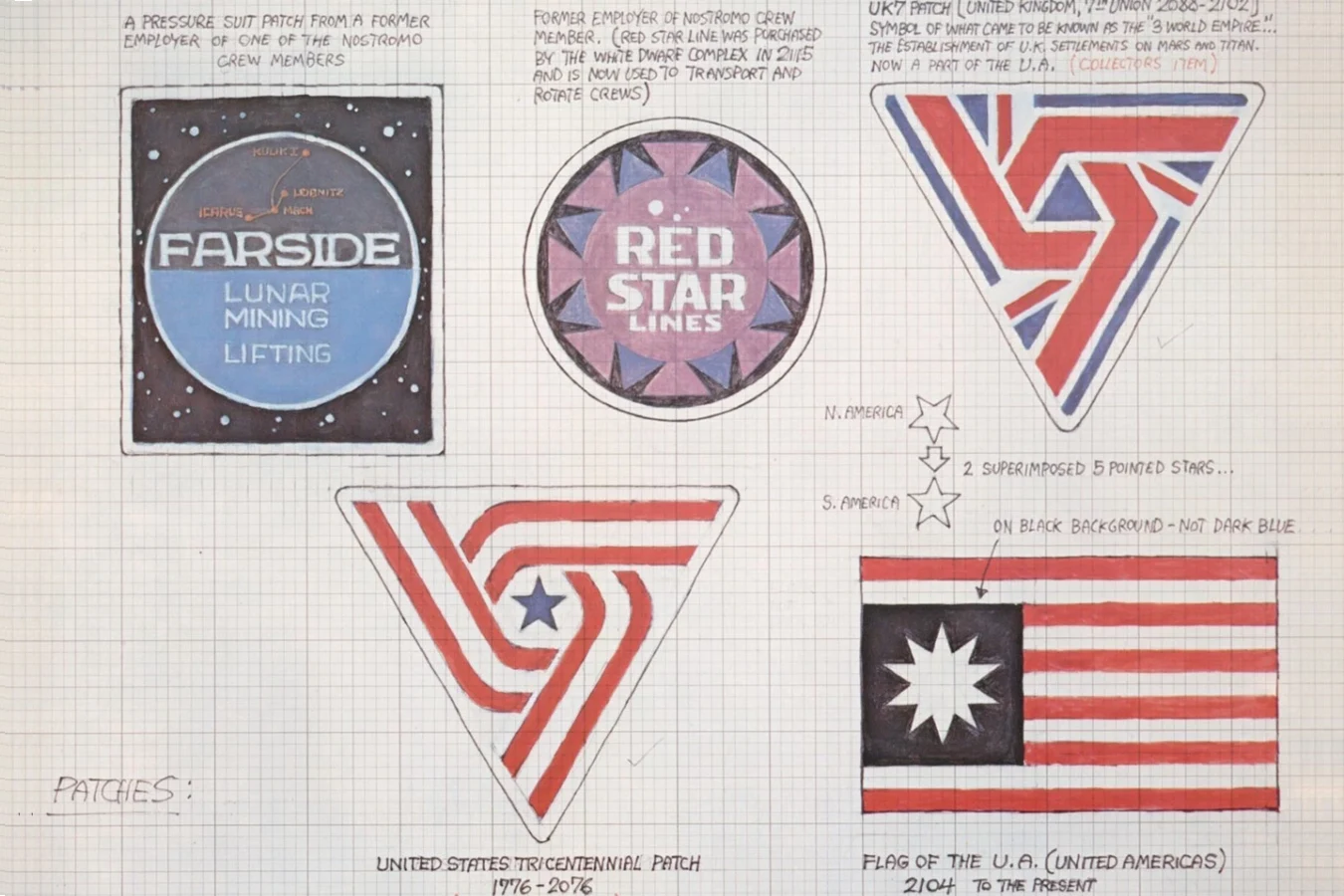 Ron Cobb concept sheet of crew patches, including the United Americas flag dated 2104