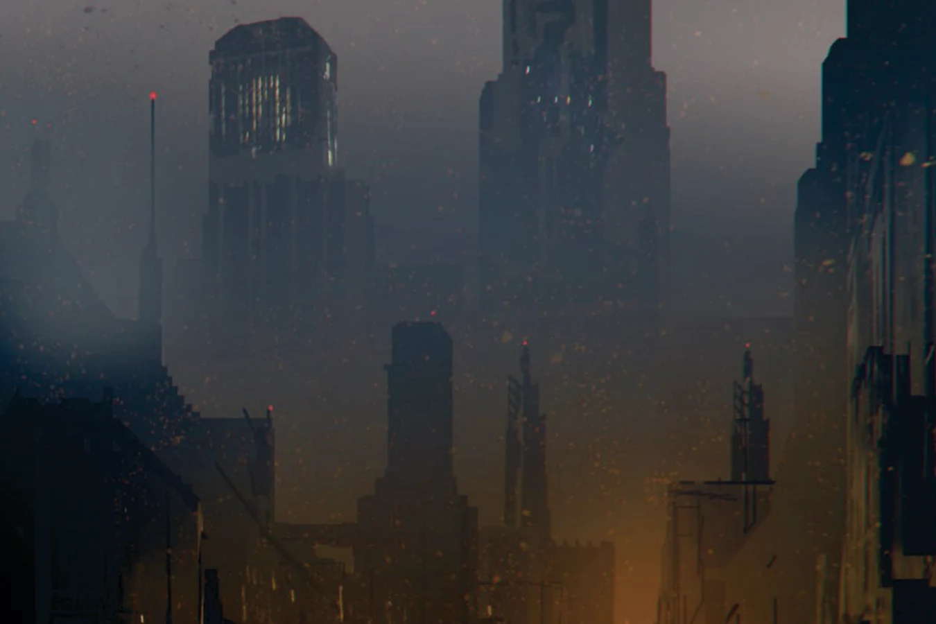 Fog-bound towers and amber street light in a United Americas colonial city