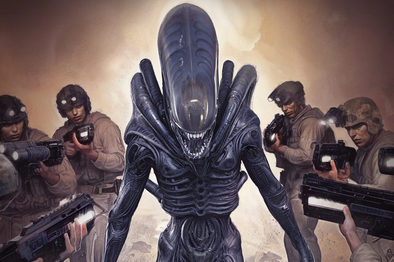 United Systems soldiers aiming pulse rifles at a Xenomorph in Alien: Uncivil War
