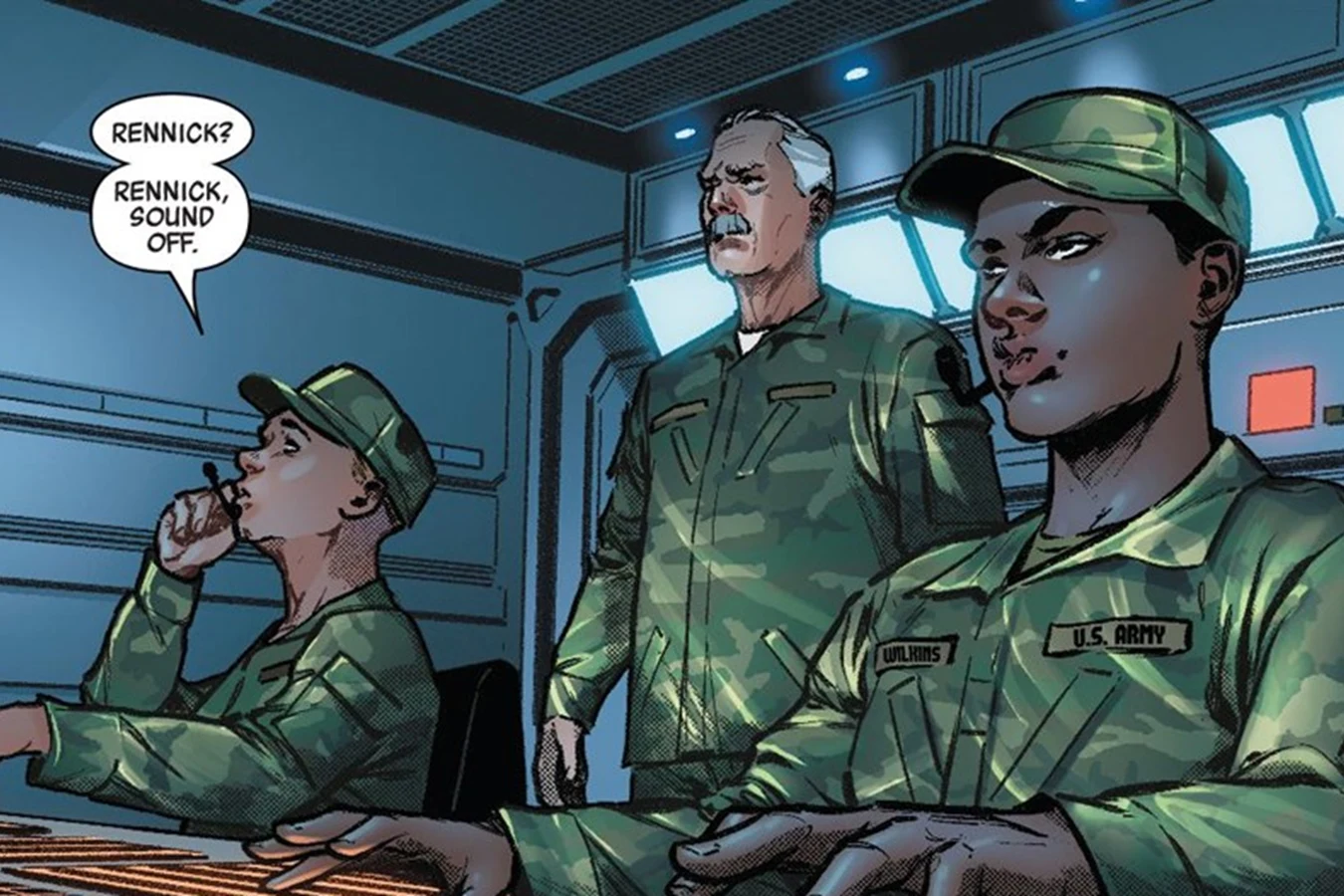 General George March on a United Systems Army bridge with soldiers Wilkins and Rennick in Alien: Icarus