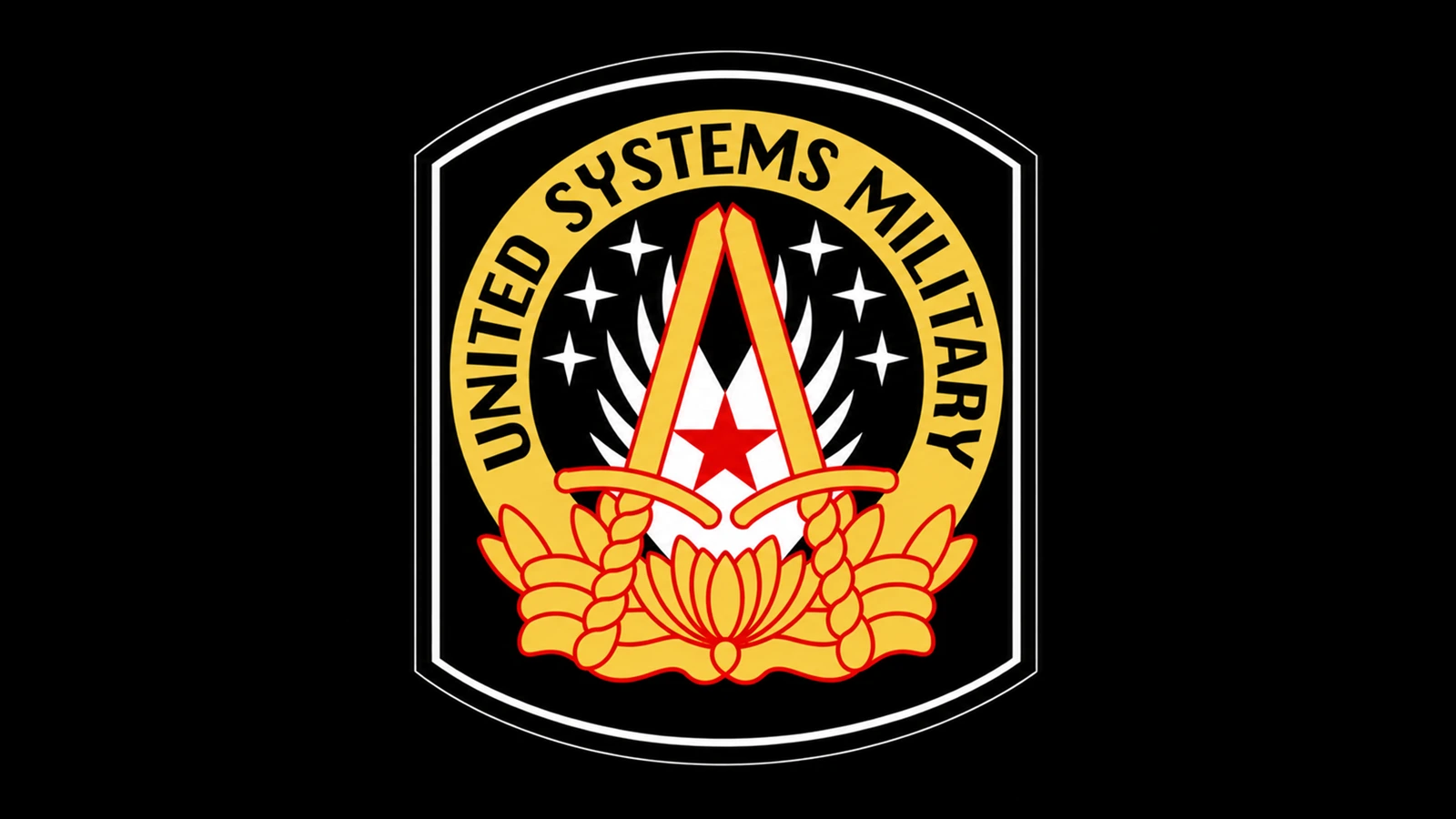 United Systems Military patch, a gold ring around a white chevron and red star over a crossed sword and wreath