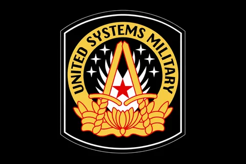 United Systems Military patch, a gold ring around a white chevron and red star over a crossed sword and wreath