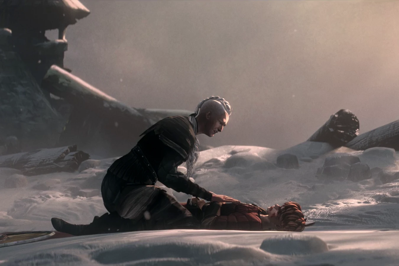 Ursa kneels in the snow beside Anders below Zoran's fortress