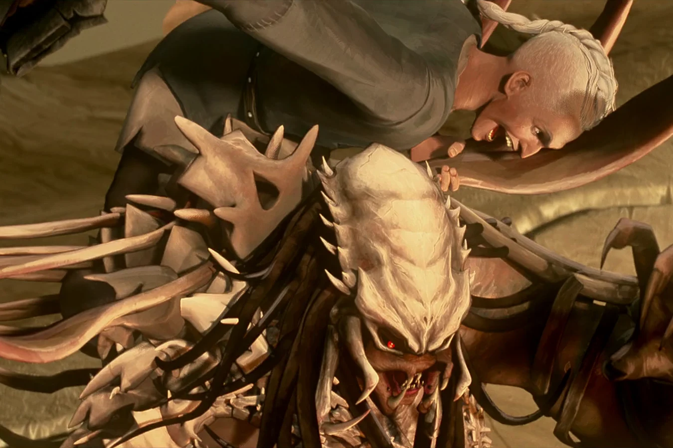 Ursa clings to the Grendel King's back during the fight on his world