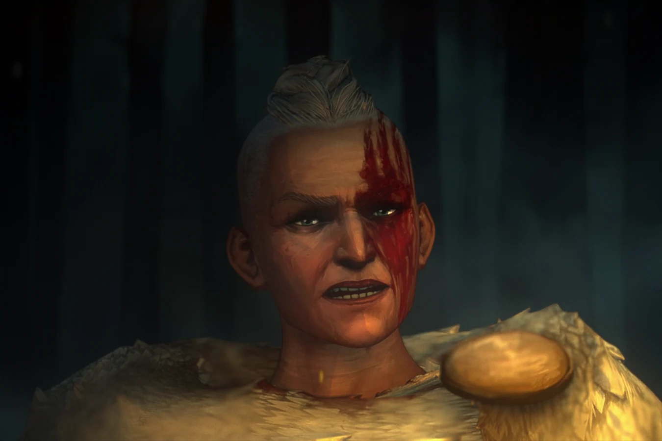 Ursa by firelight, her father's blood running down one side of her face